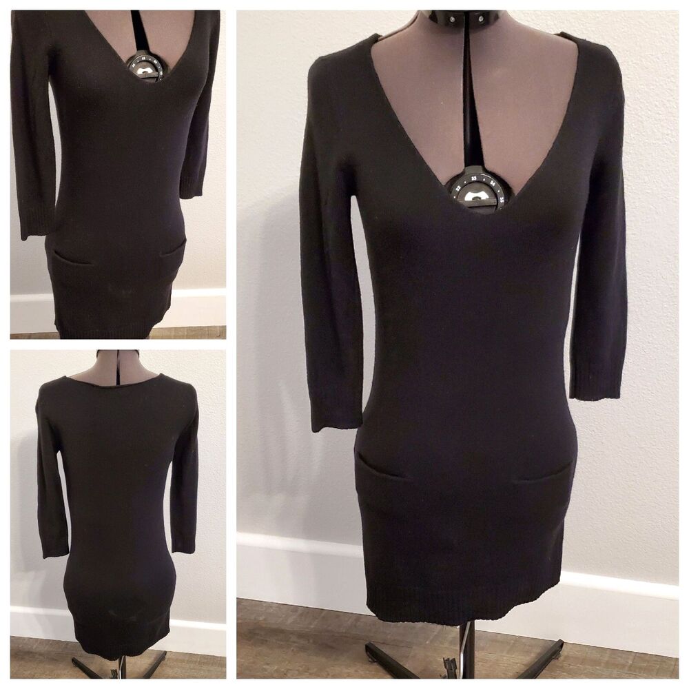Express Women's Knit Dress Size XS Black Wool Blend V-Neck 3/4 Sleeve Above Knee